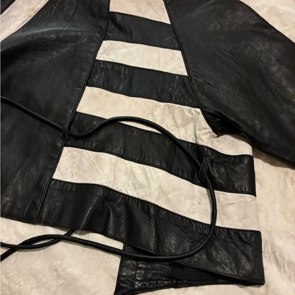Vintage handmade hand stitched fine real leather jacket two tone white stripe - Picture 6 of 15